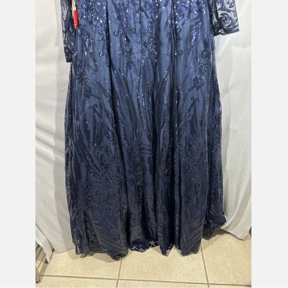 NWT $598 Mac Duggal [ 18 ] Damask Sequin Long‎ Sleeve Gown in Midnight Blue - Picture 14 of 16